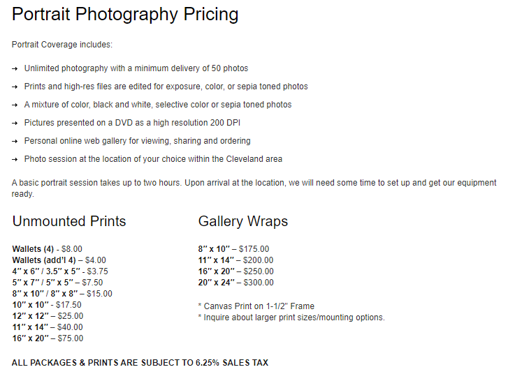 Portrait pricing